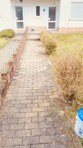 Gepflasterter Weg zum Hauseingang zwischen zwei Rasenflächen