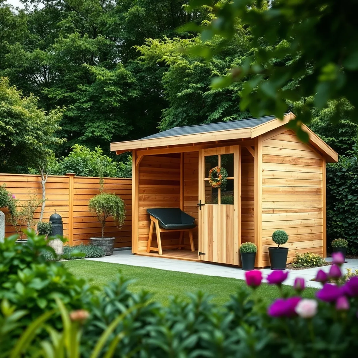 Gartenhaus aus Holz wird auf einem vorbereiteten Untergrund aufgebaut