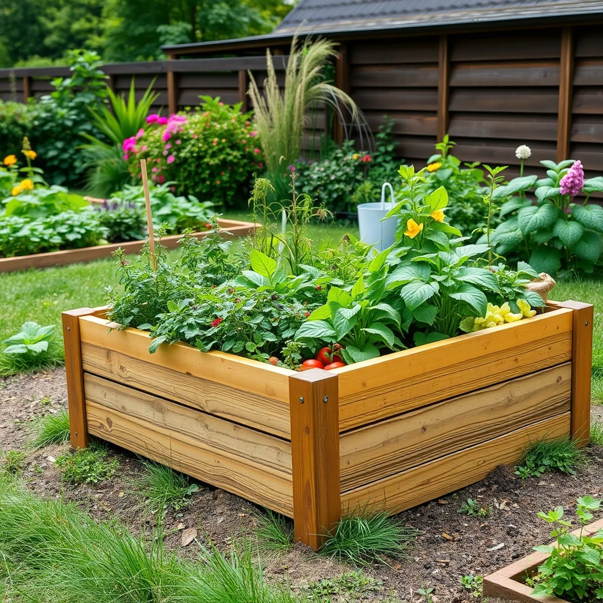 Bepflanztes Hochbeet aus Holz mit Gemüse und Kräutern