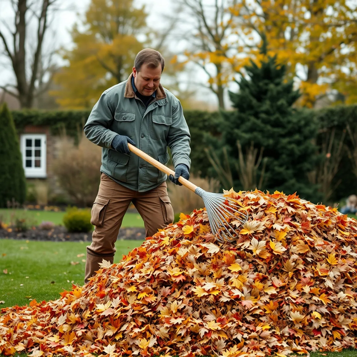 Herbstlaub wird von einer Rasenfläche zusammengetragen
